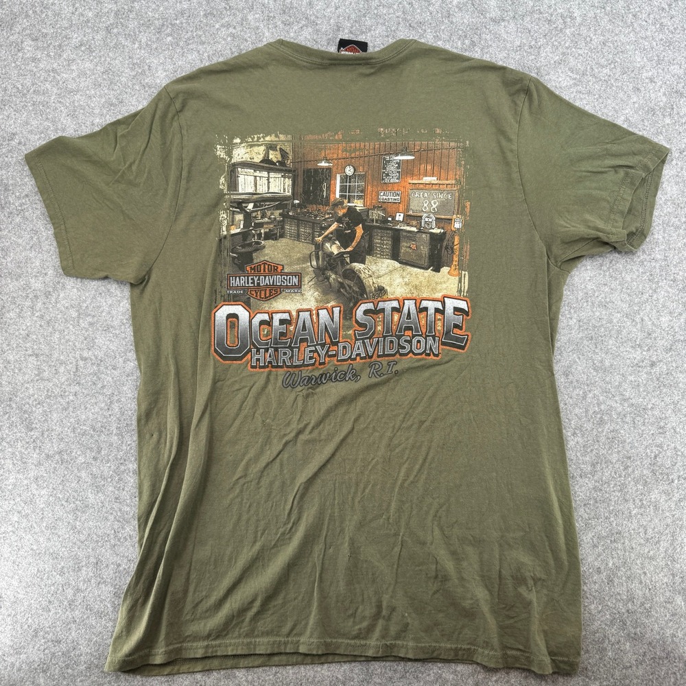 Harley-Davidson T-Shirt Mens XL Ocean State Warwick RI Olive Green Biker EUC